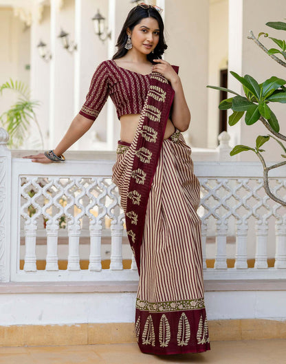 Beige Cotton Printed Saree