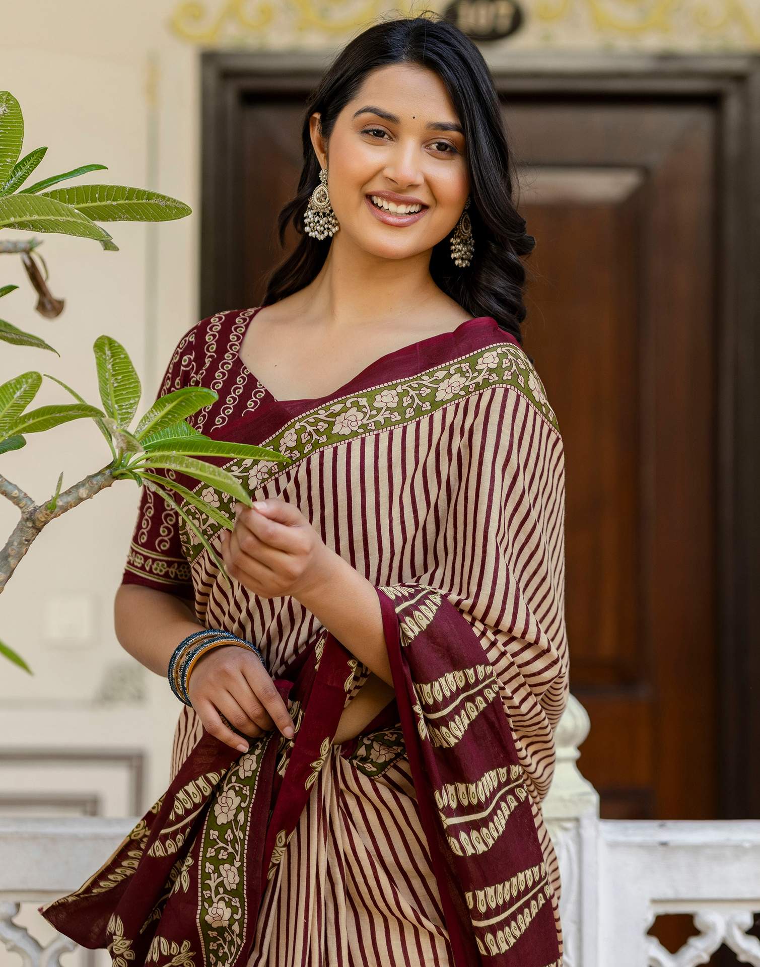 Beige Cotton Printed Saree