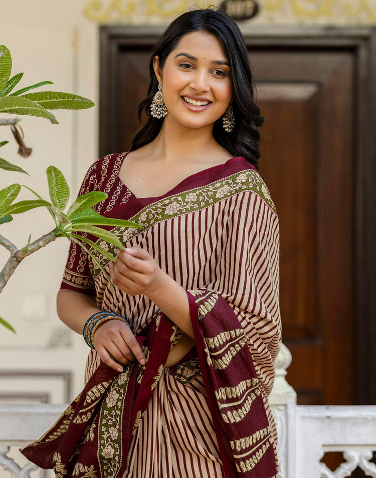 Beige Cotton Printed Saree