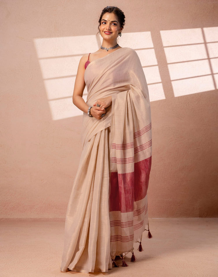 Beige Shimmer Silk Woven Saree