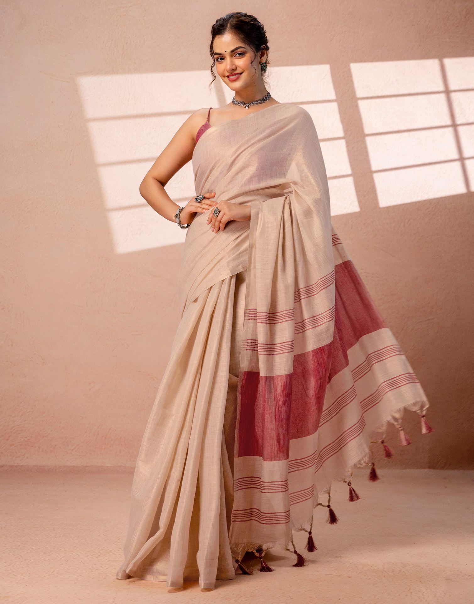 Beige Shimmer Silk Woven Saree
