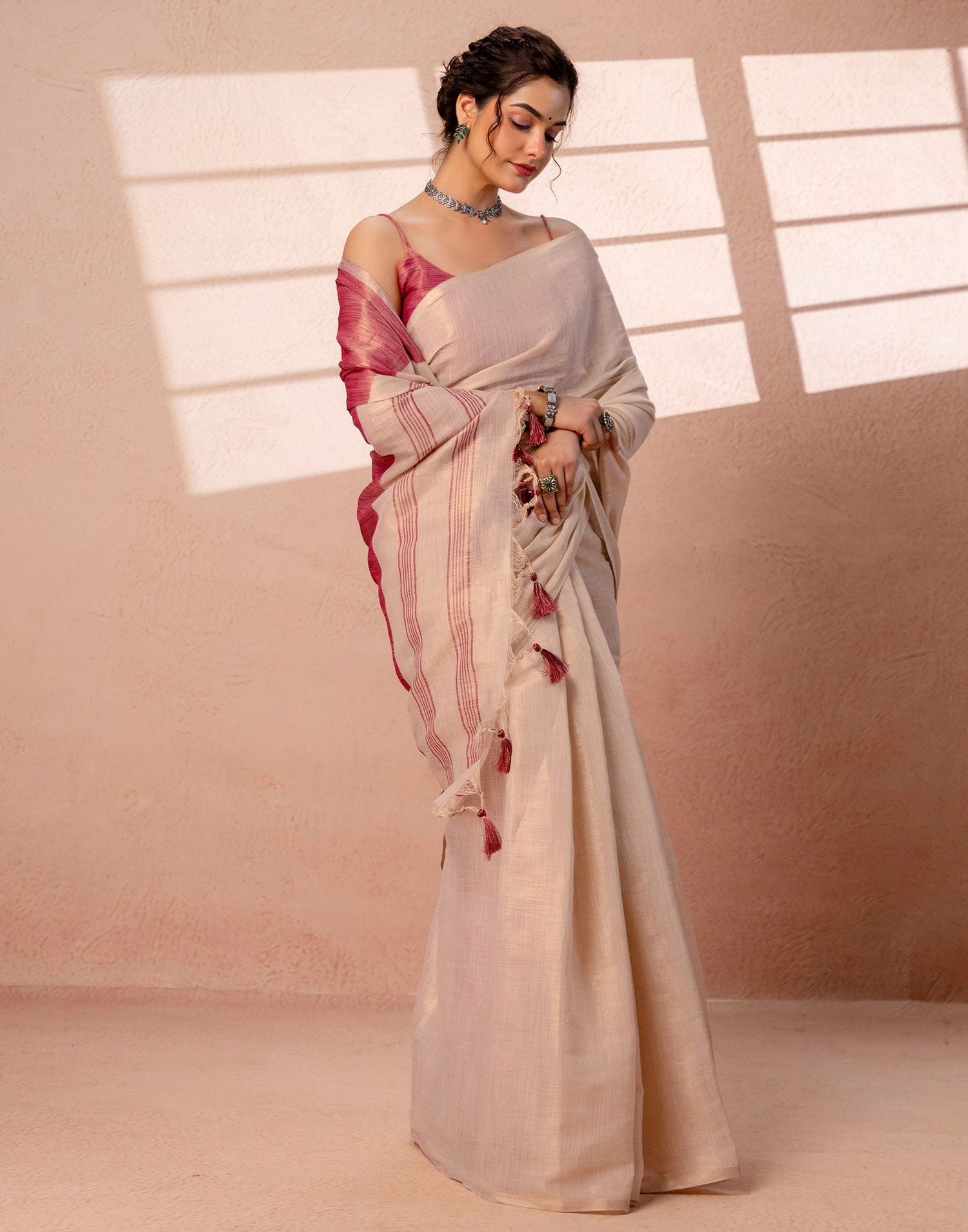 Beige Shimmer Silk Woven Saree