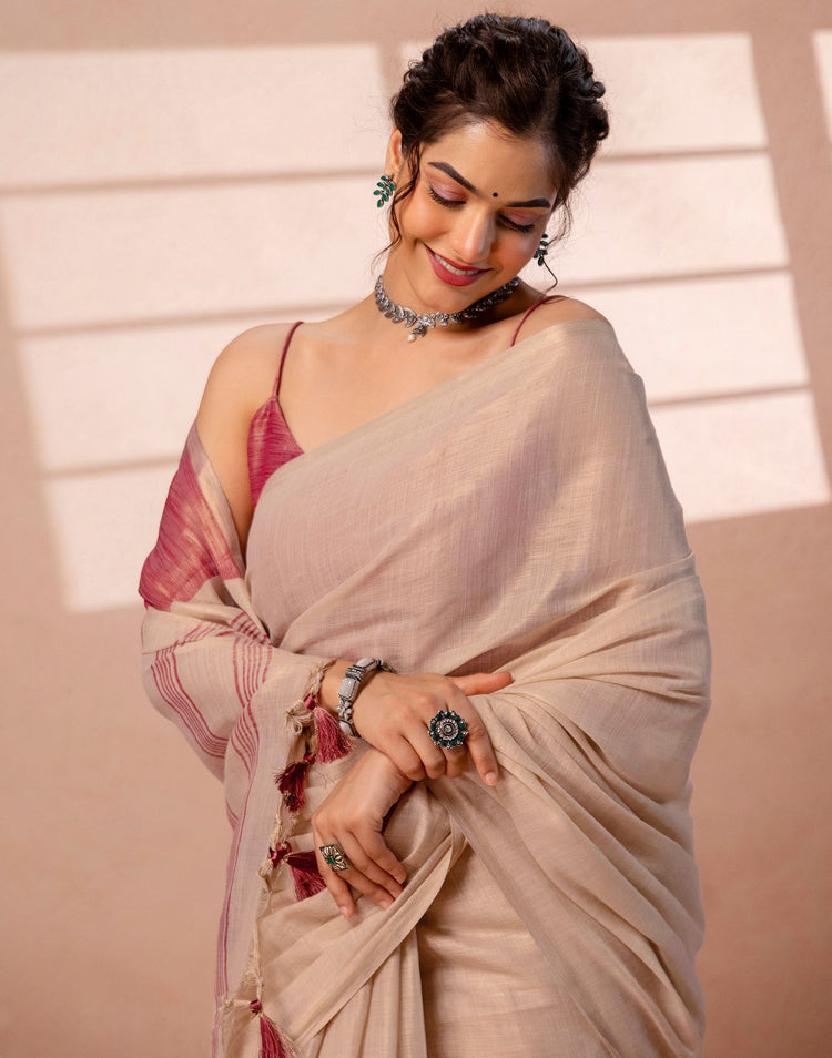 Beige Shimmer Silk Woven Saree