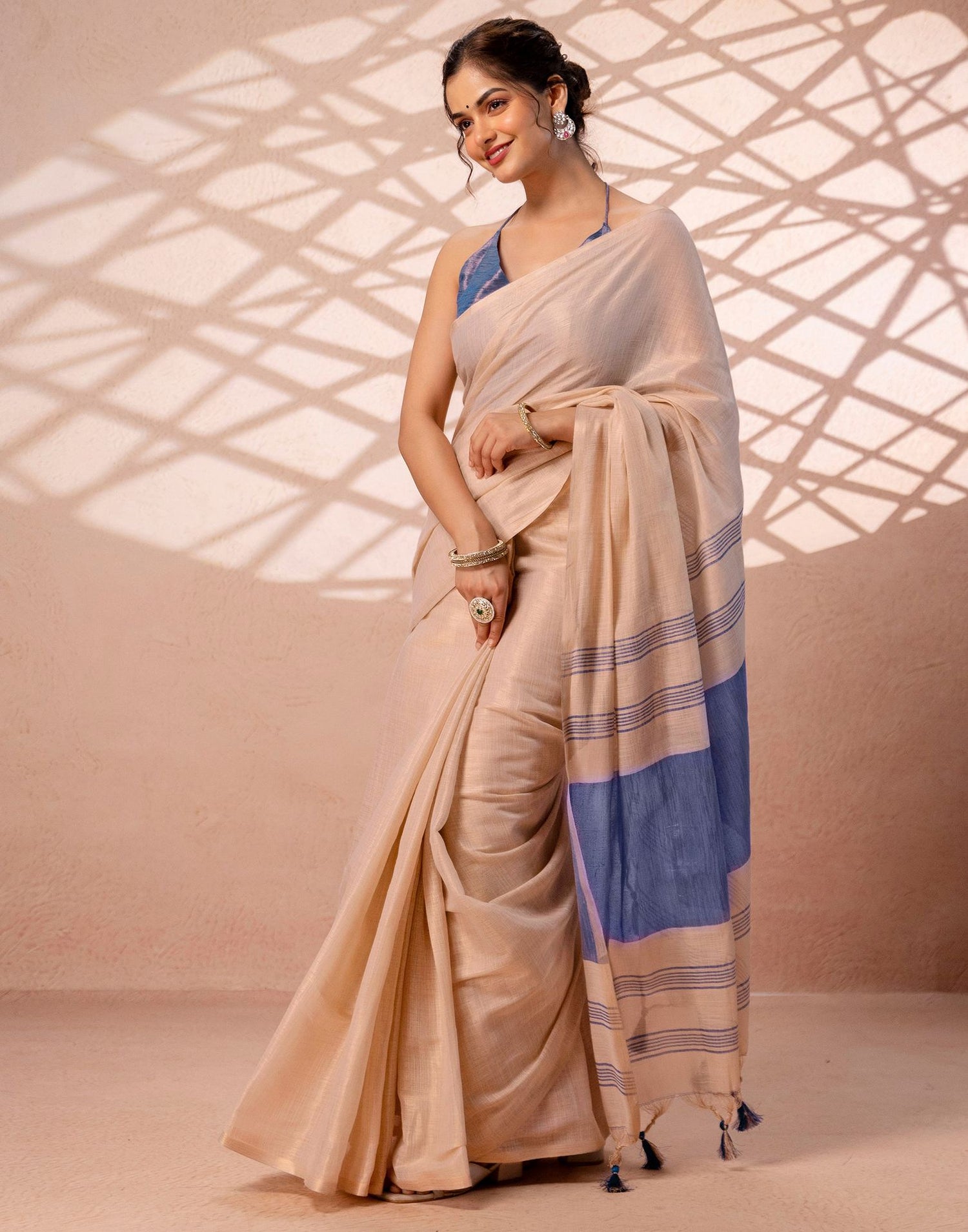 Beige Shimmer Silk Woven Saree
