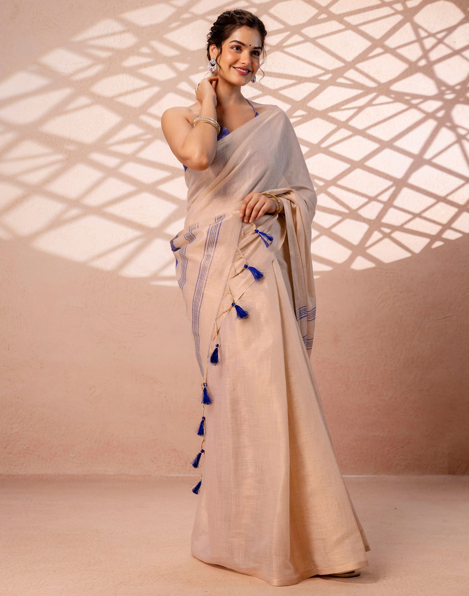 Beige Shimmer Silk Woven Saree
