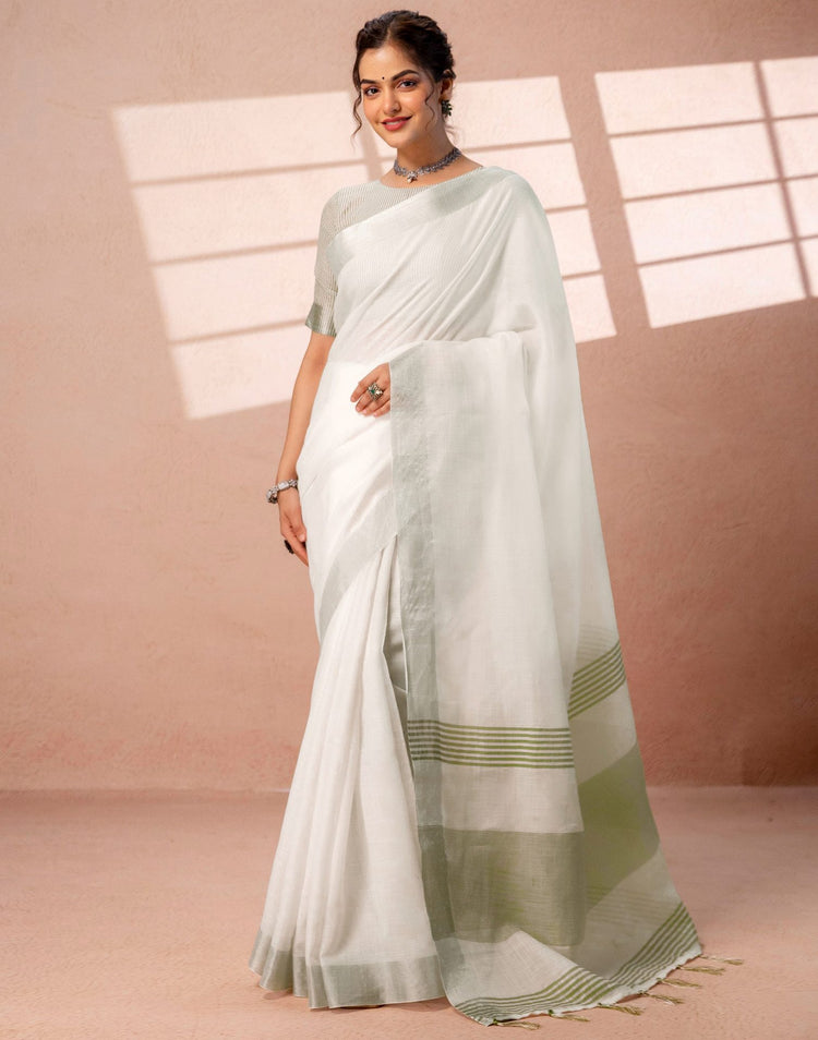 White Linen Woven Border Saree