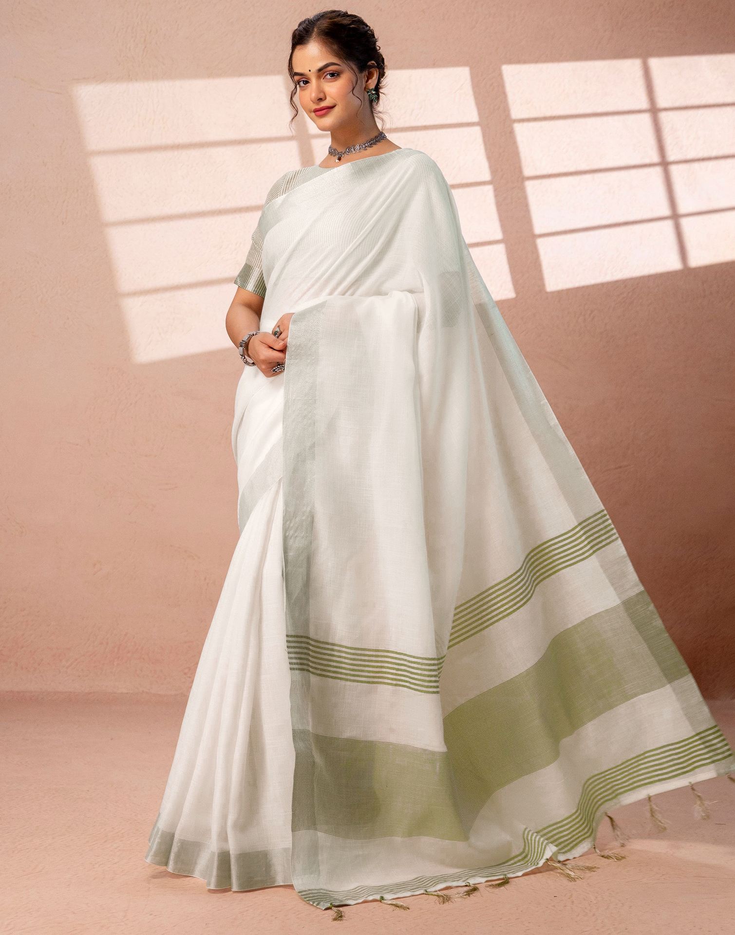 White Linen Woven Border Saree