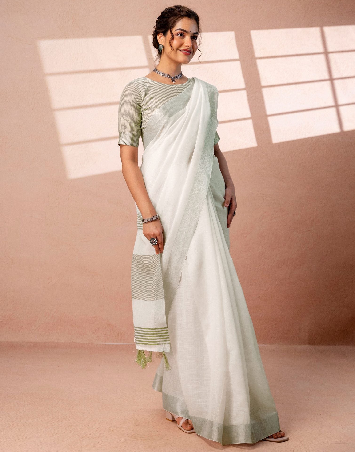 White Linen Woven Border Saree