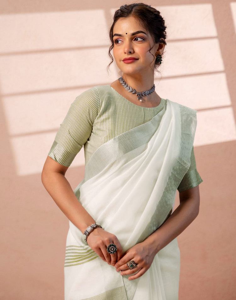 White Linen Woven Border Saree