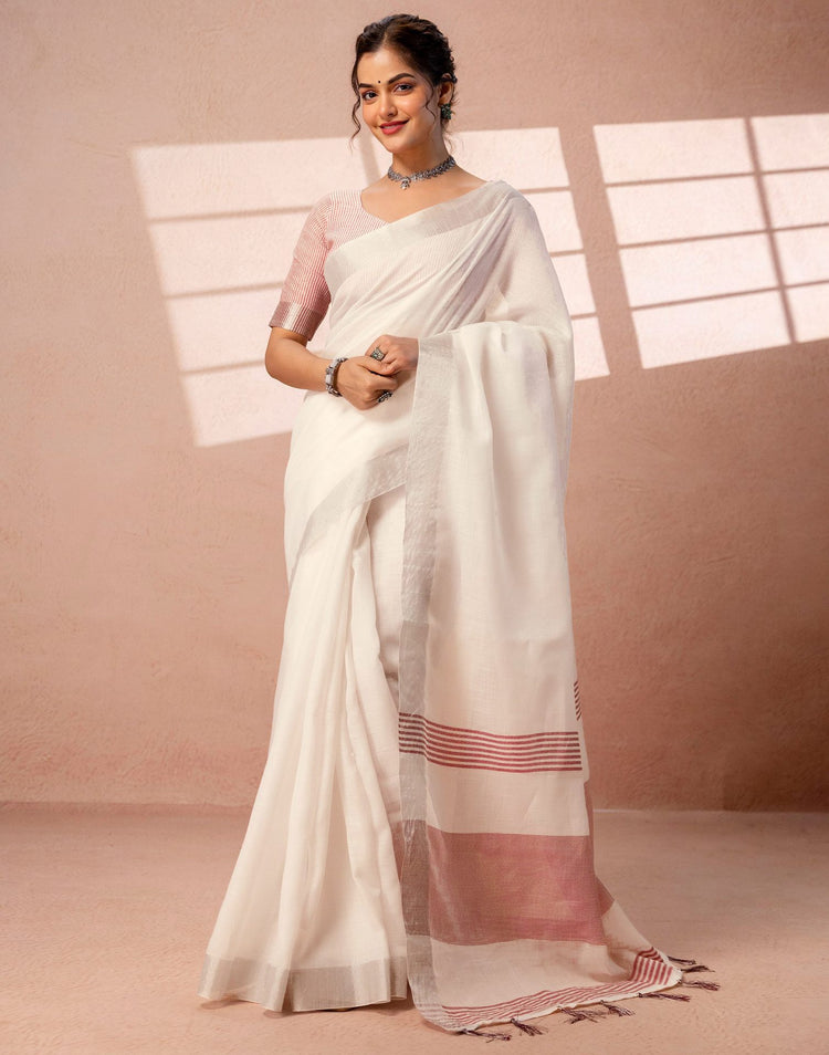 White Linen Woven Border Saree