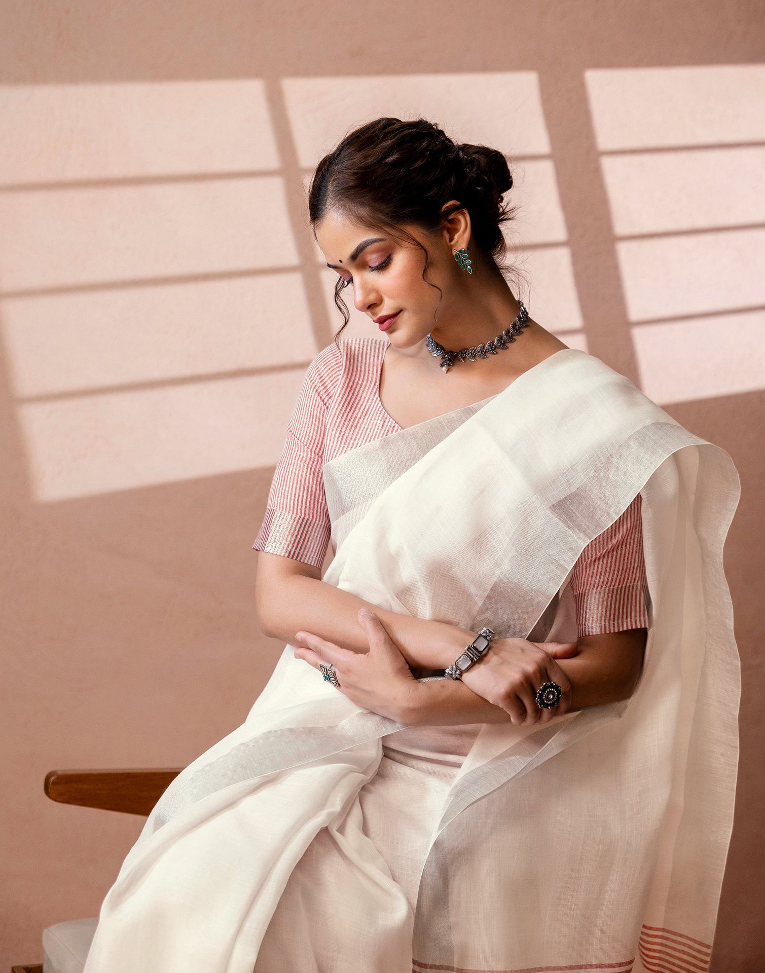 White Linen Woven Border Saree