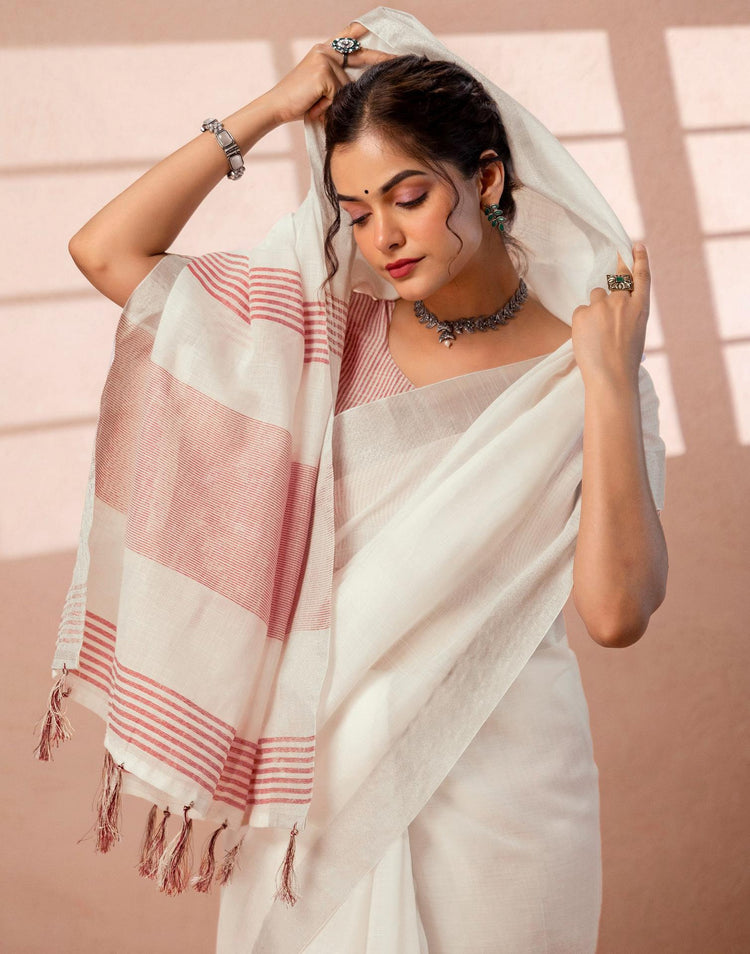 White Linen Woven Border Saree