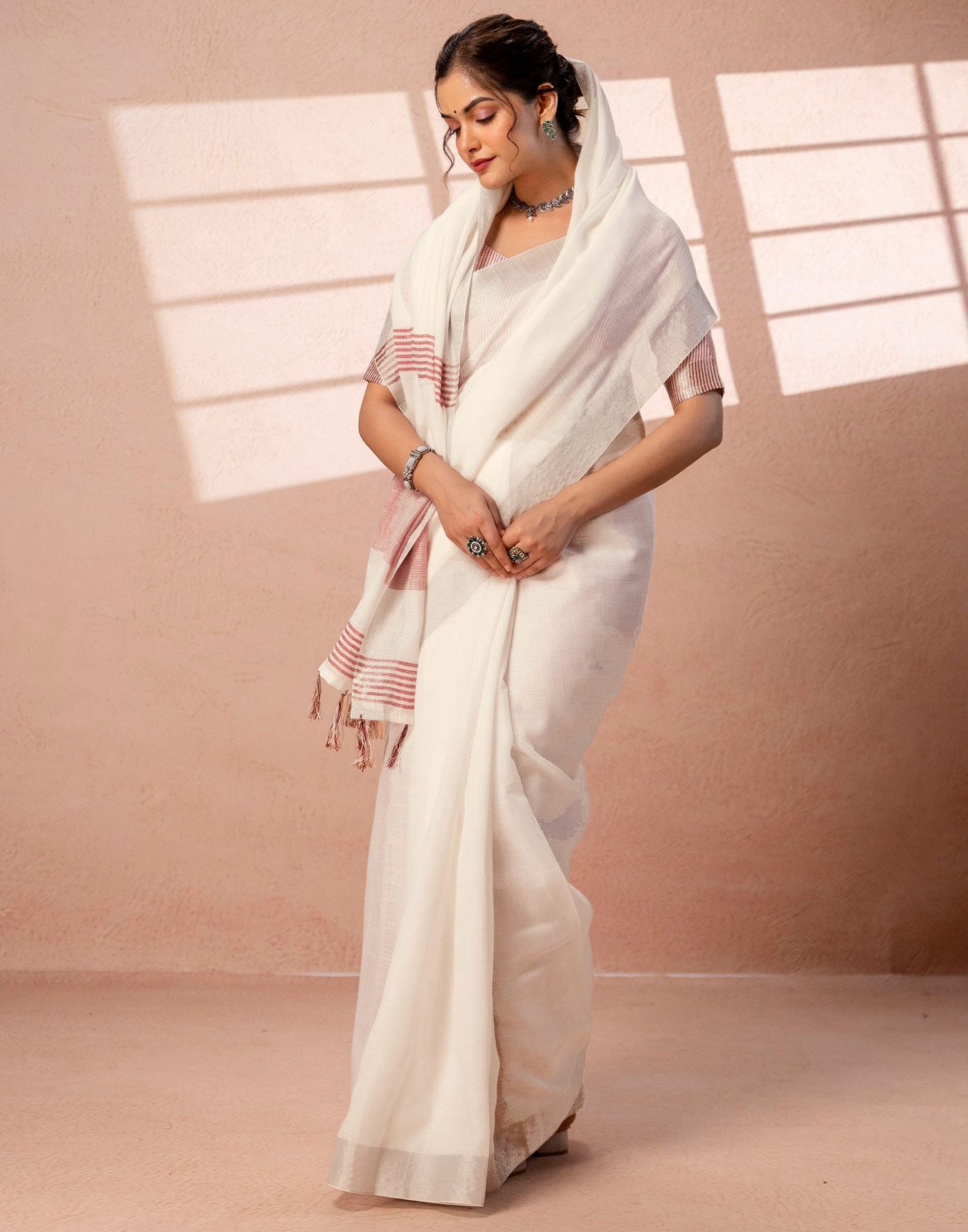 White Linen Woven Border Saree