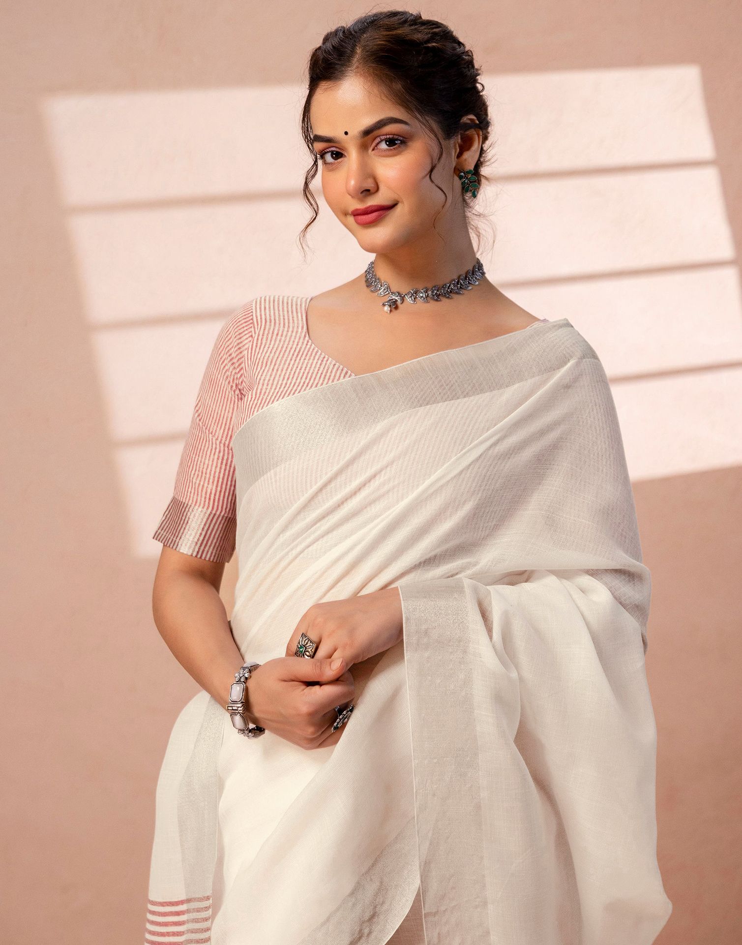 White Linen Woven Border Saree