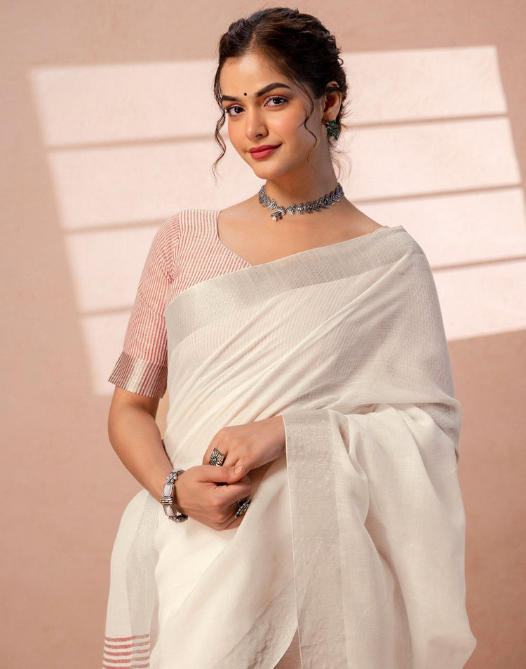White Linen Woven Border Saree