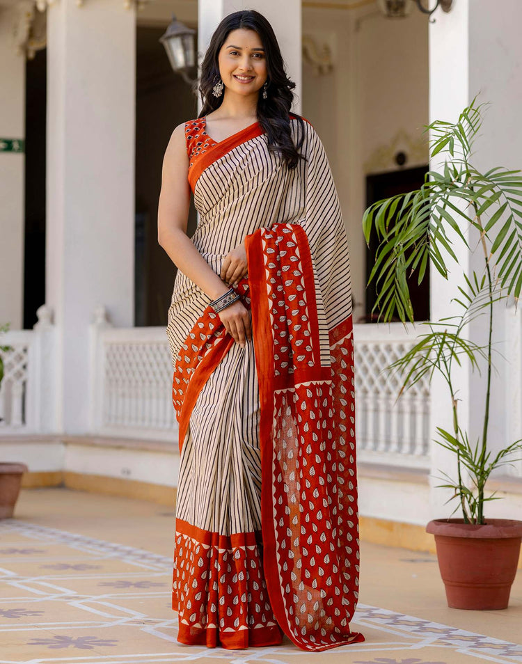 Beige Cotton Printed Saree