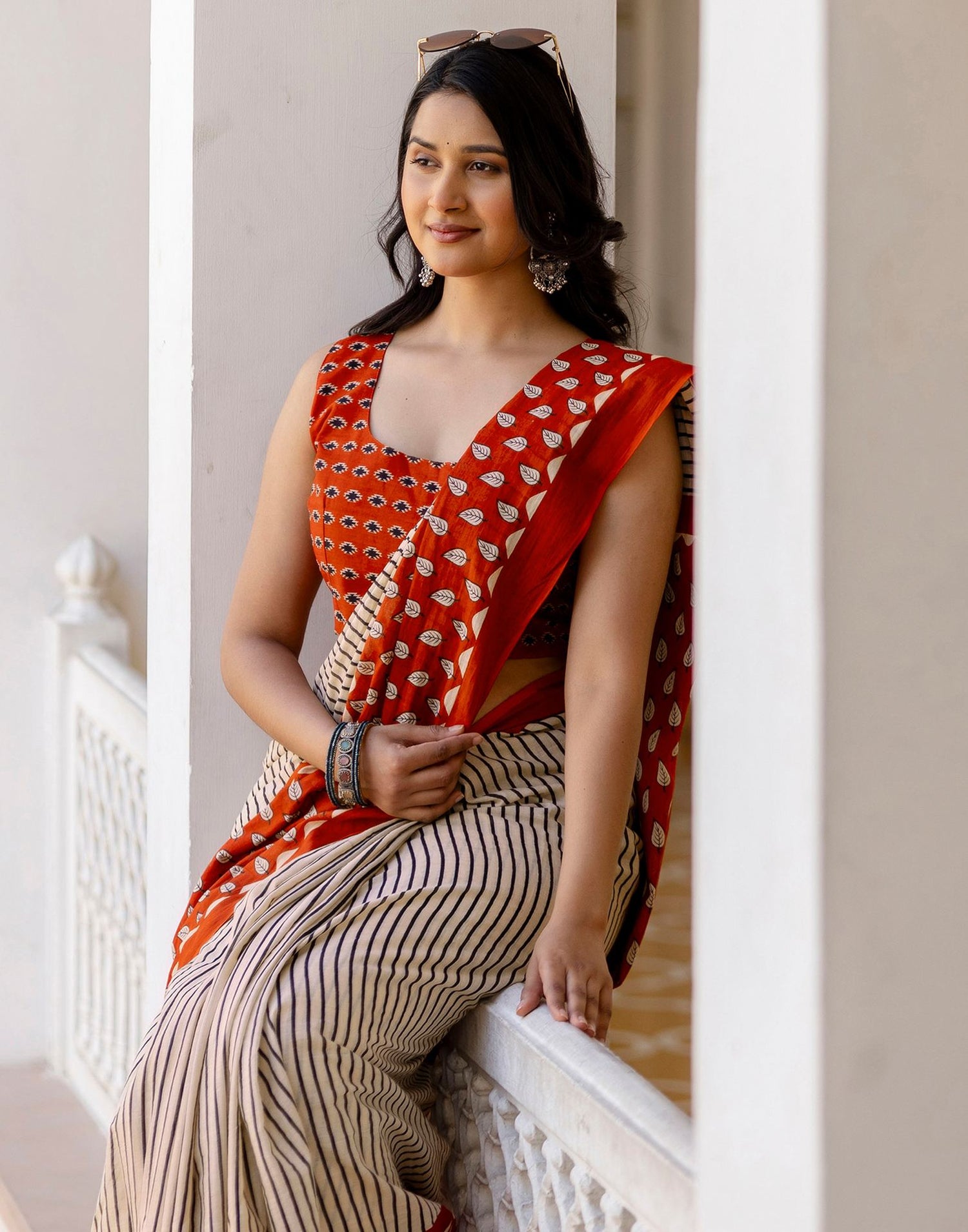 Beige Cotton Printed Saree