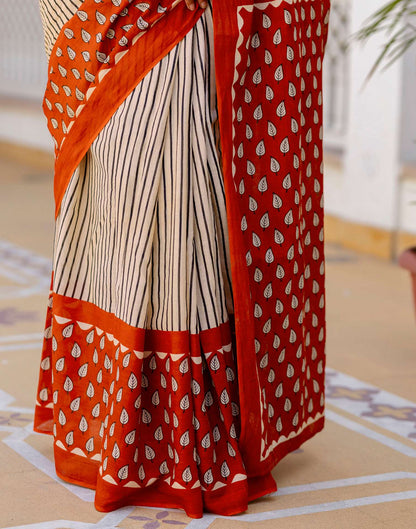 Beige Cotton Printed Saree