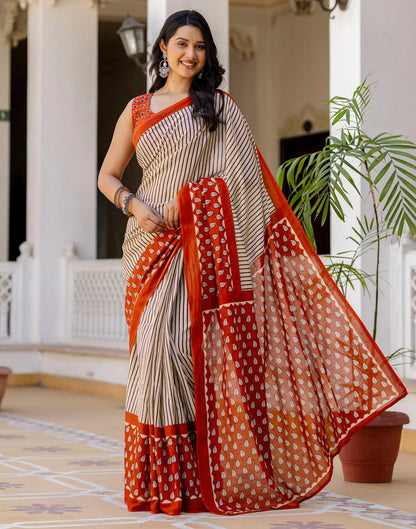 Beige Cotton Printed Saree