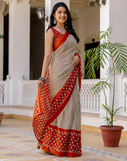 Beige Cotton Printed Saree