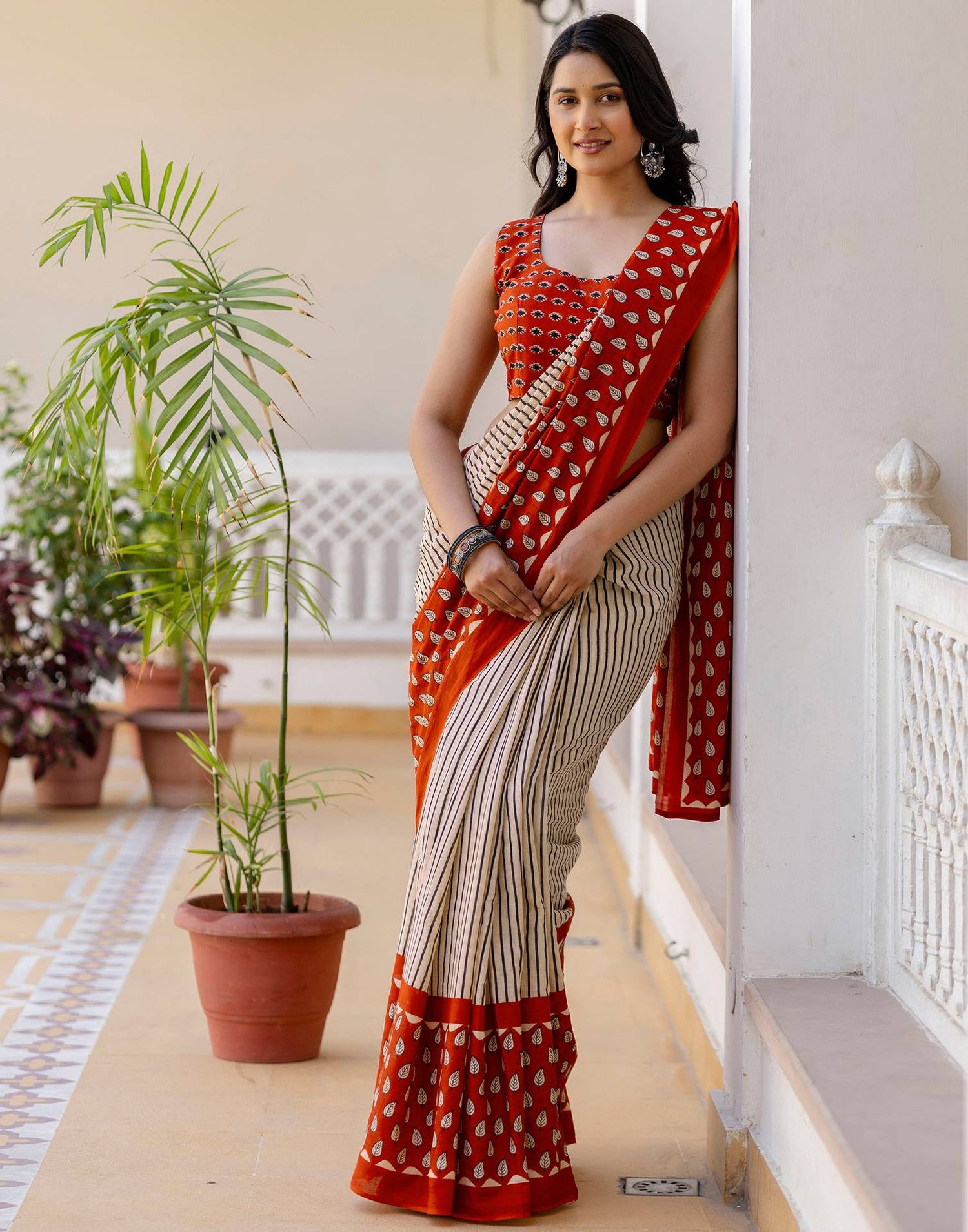 Beige Cotton Printed Saree