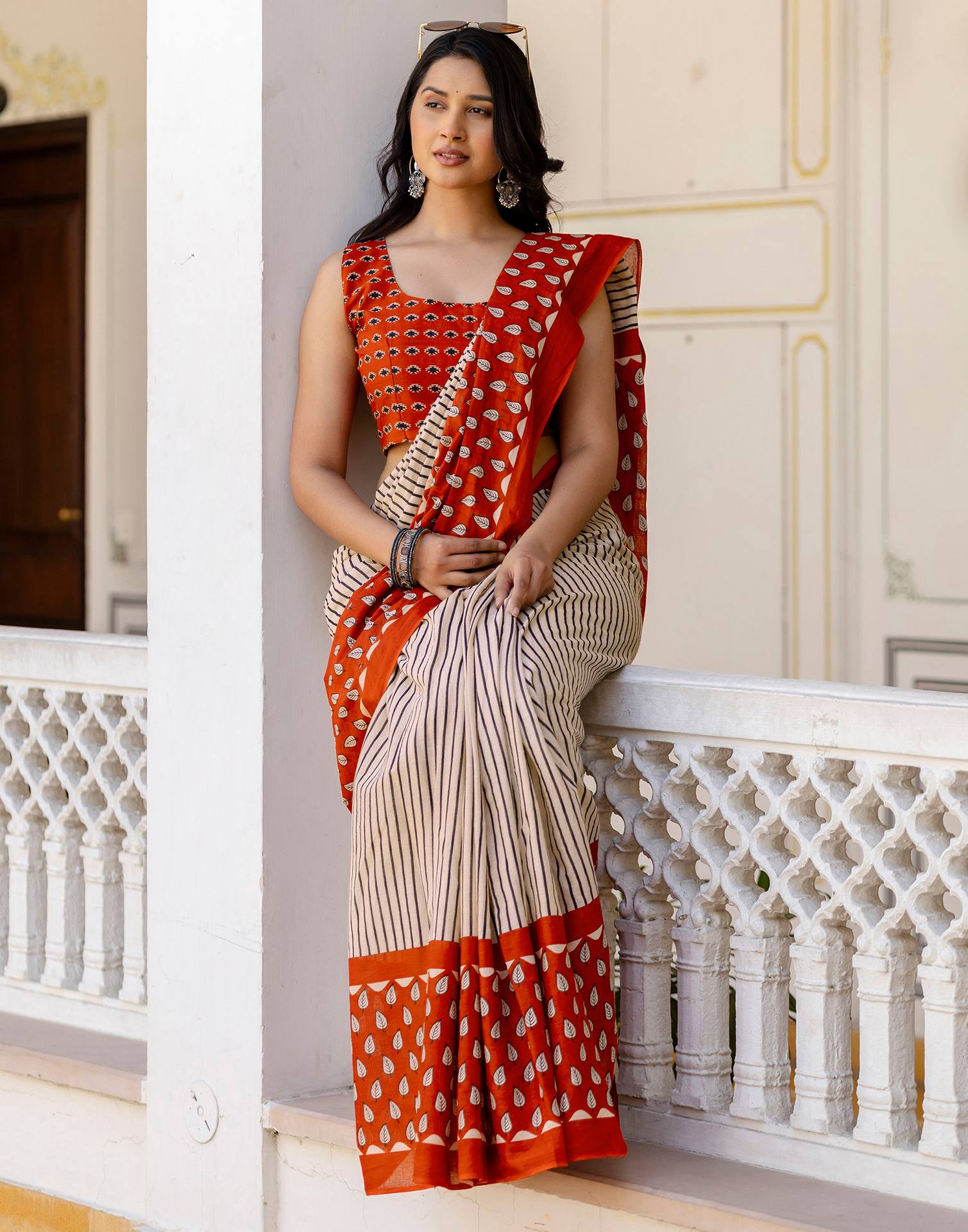 Beige Cotton Printed Saree