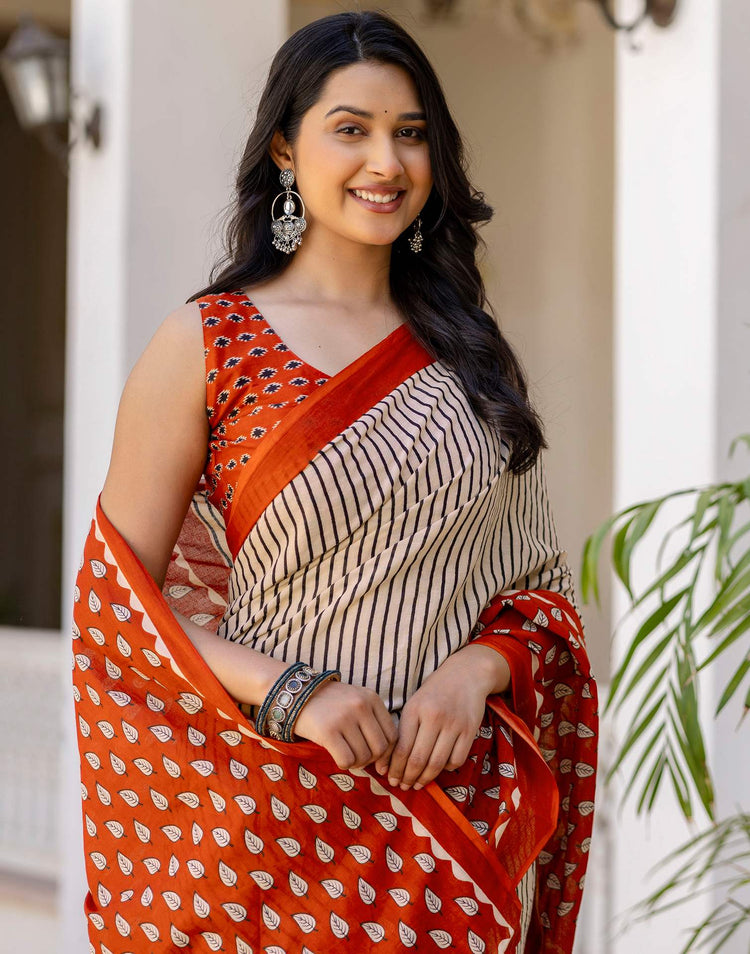 Beige Cotton Printed Saree