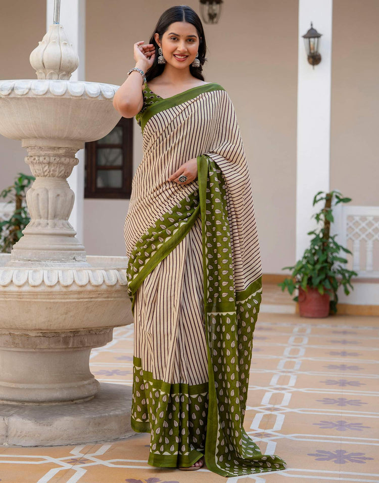 Beige Cotton Printed Saree