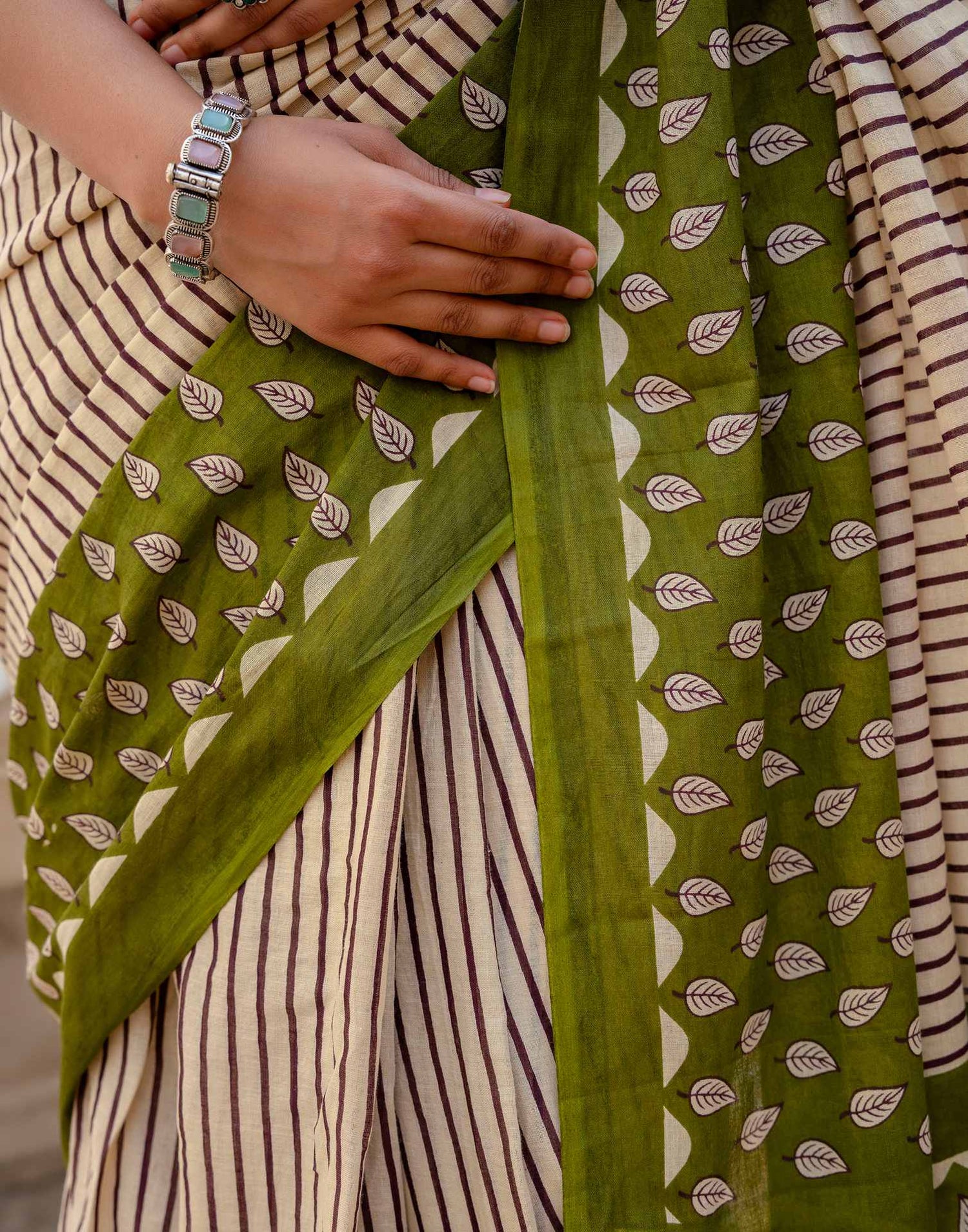 Beige Cotton Printed Saree