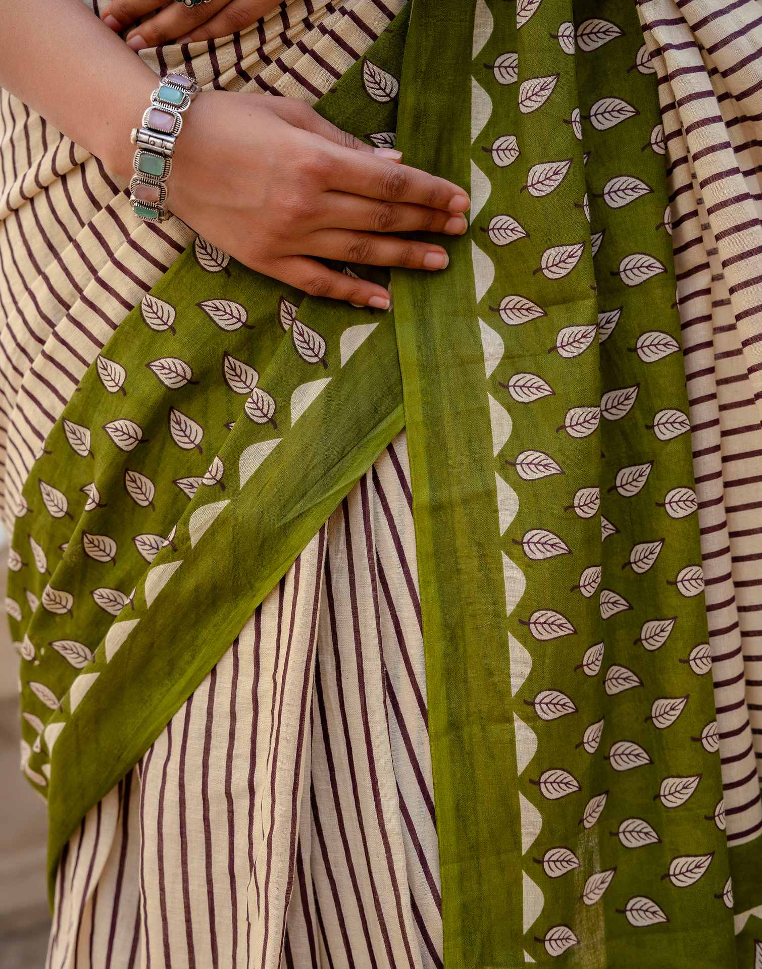 Beige Cotton Printed Saree