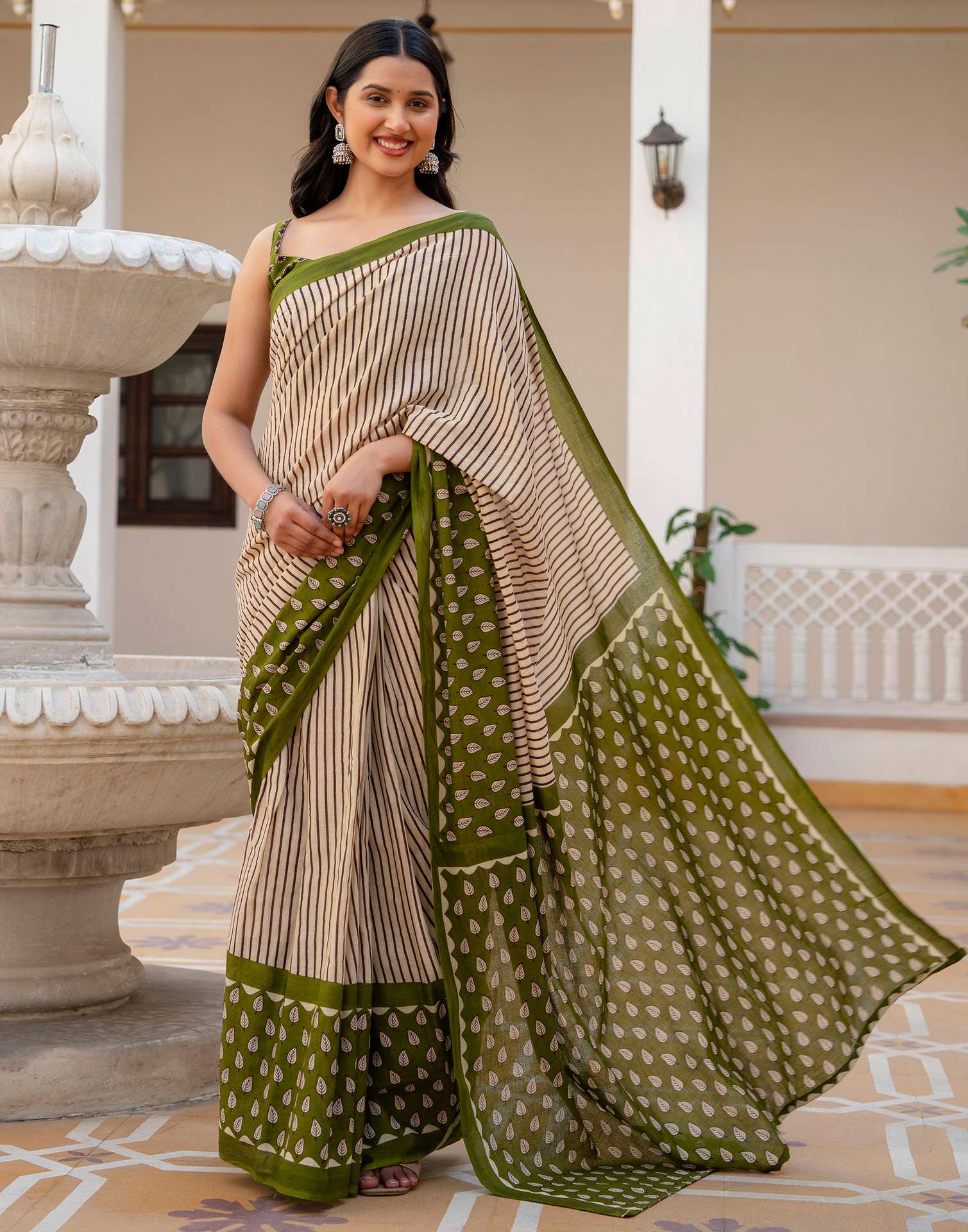 Beige Cotton Printed Saree