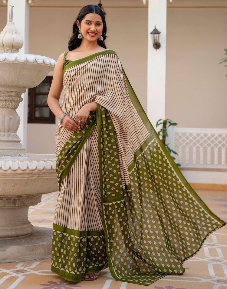 Beige Cotton Printed Saree