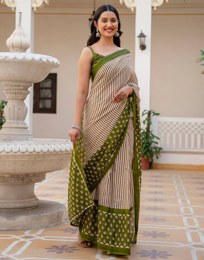 Beige Cotton Printed Saree