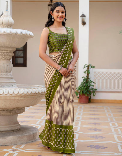 Beige Cotton Printed Saree