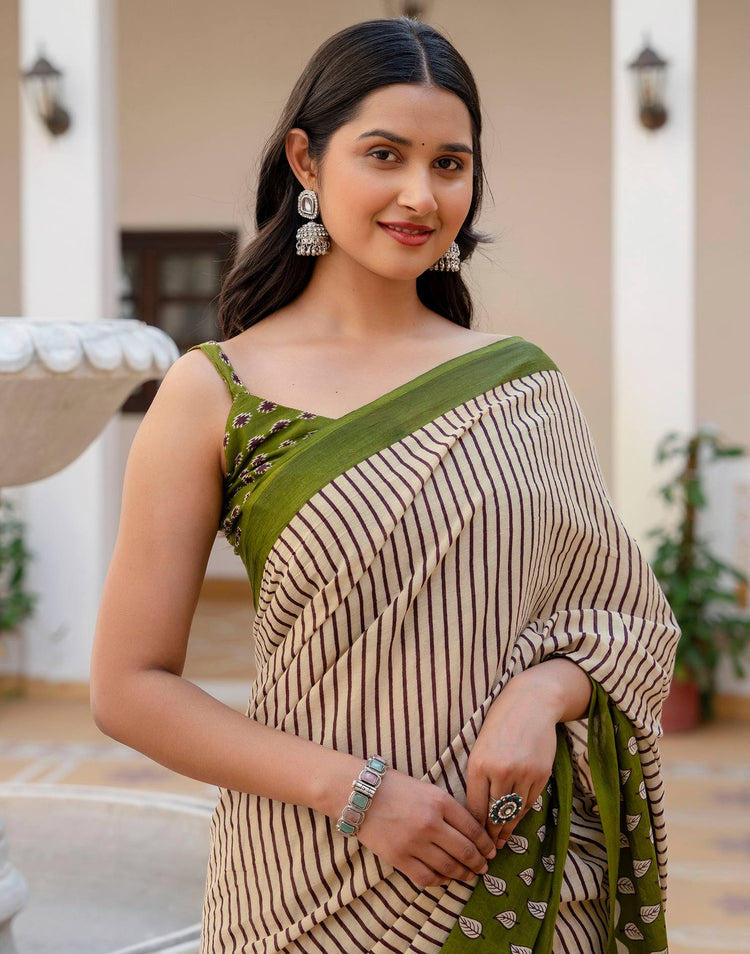 Beige Cotton Printed Saree