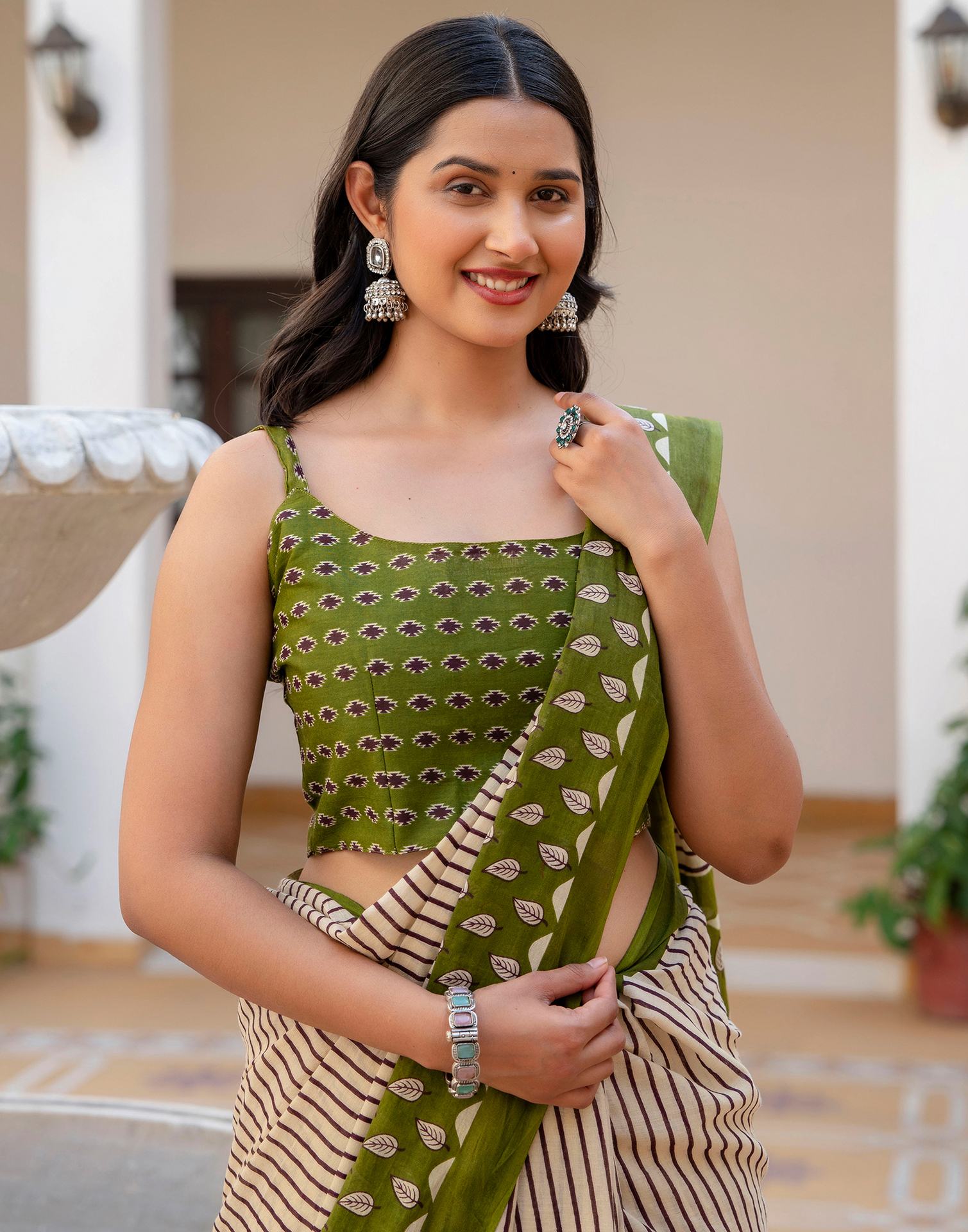 Beige Cotton Printed Saree