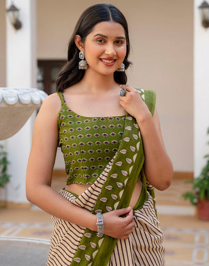Beige Cotton Printed Saree