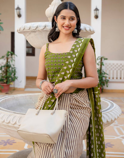 Beige Cotton Printed Saree