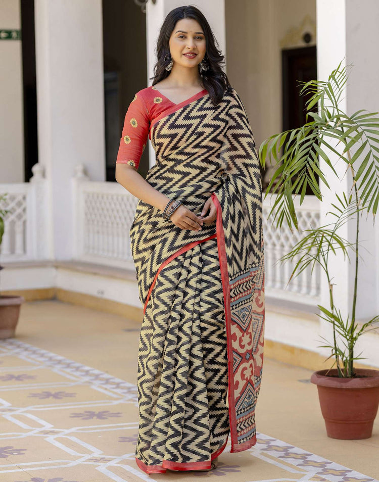 Beige Linen Printed Saree