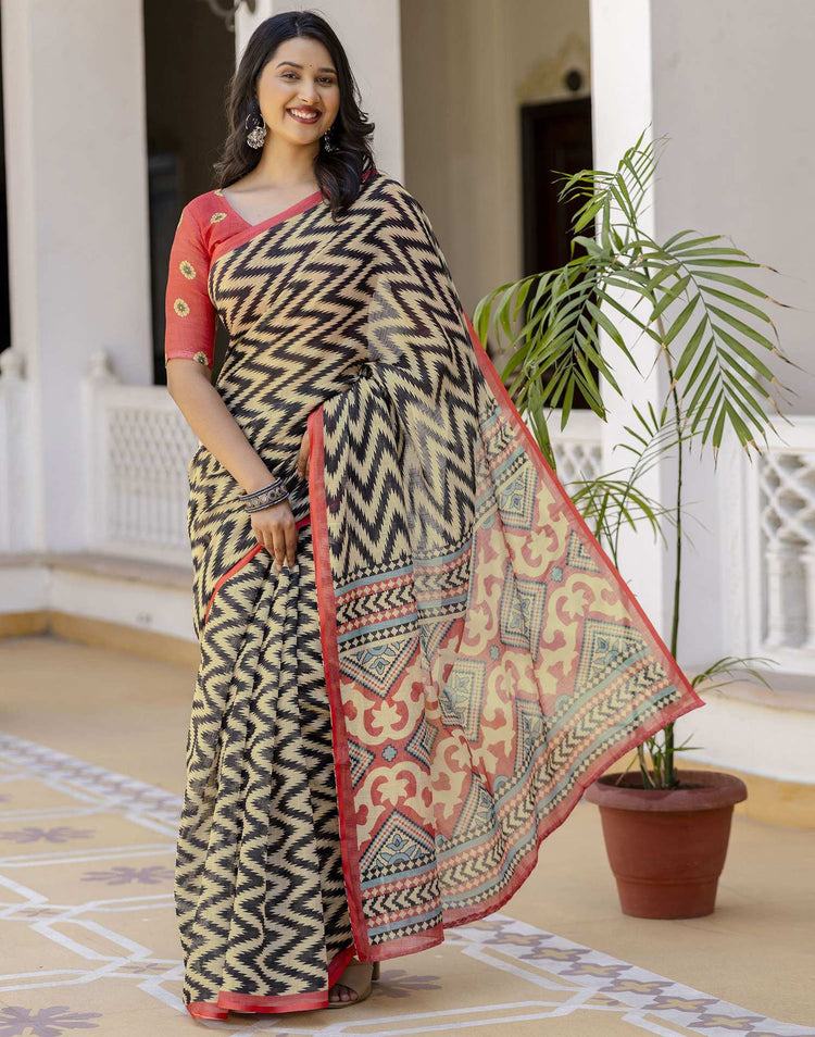 Beige Linen Printed Saree