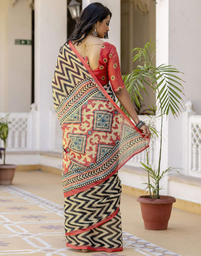 Beige Linen Printed Saree