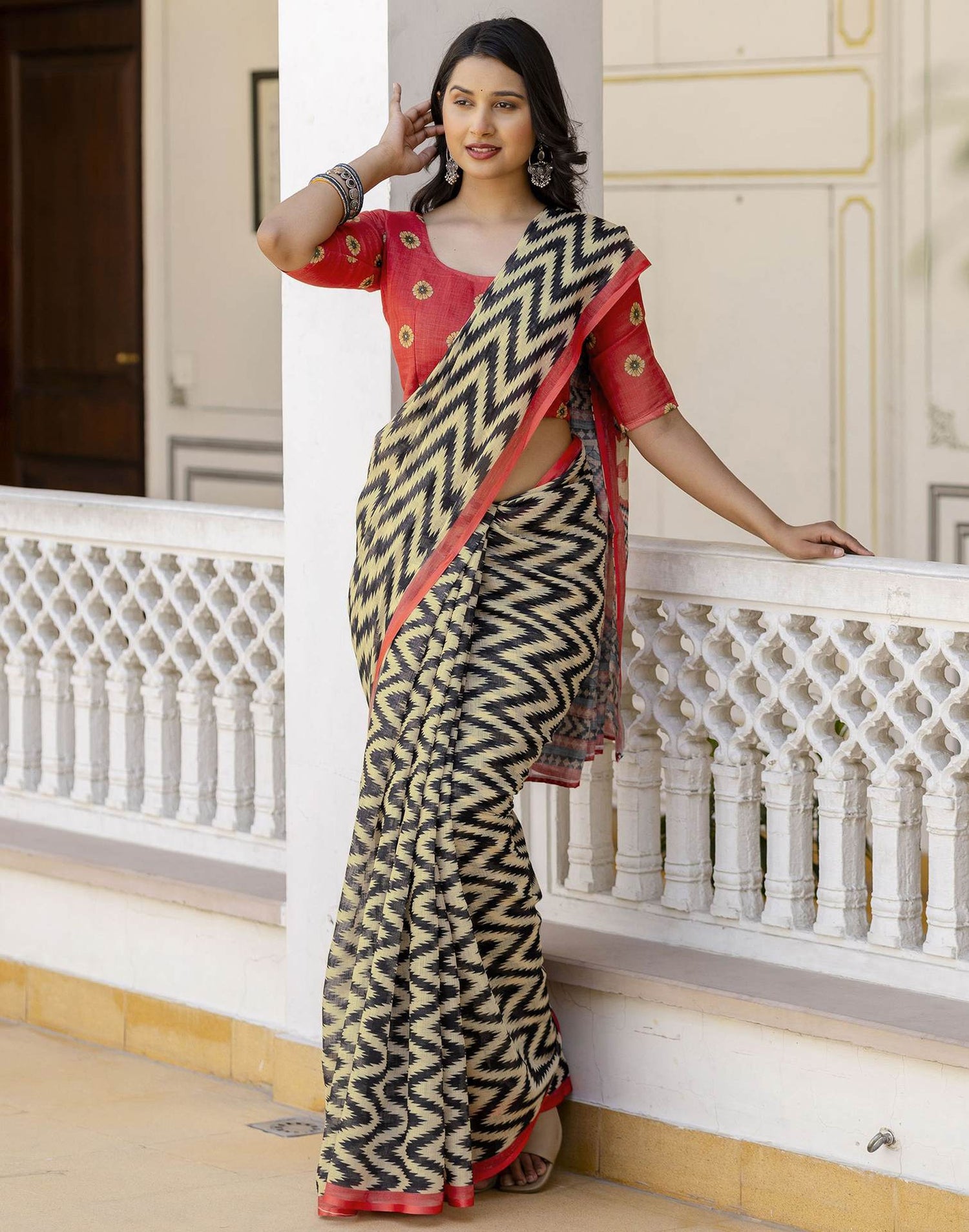 Beige Linen Printed Saree