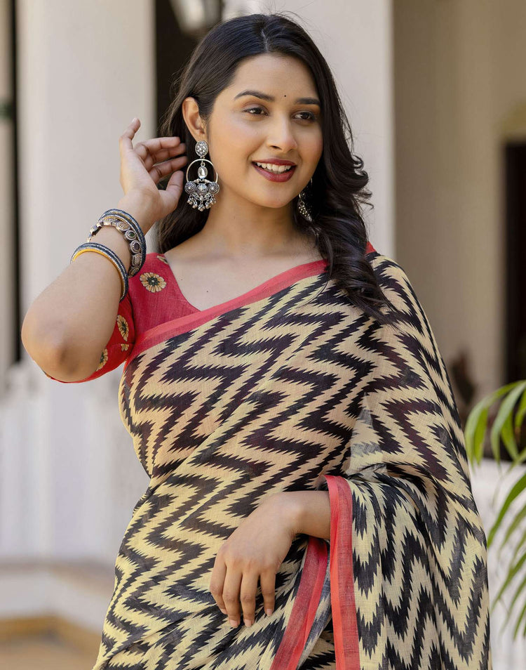 Beige Linen Printed Saree