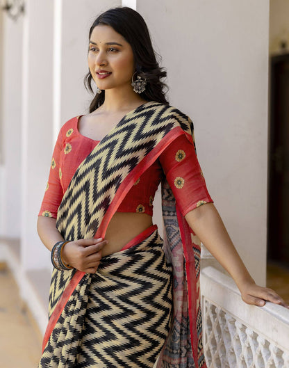 Beige Linen Printed Saree