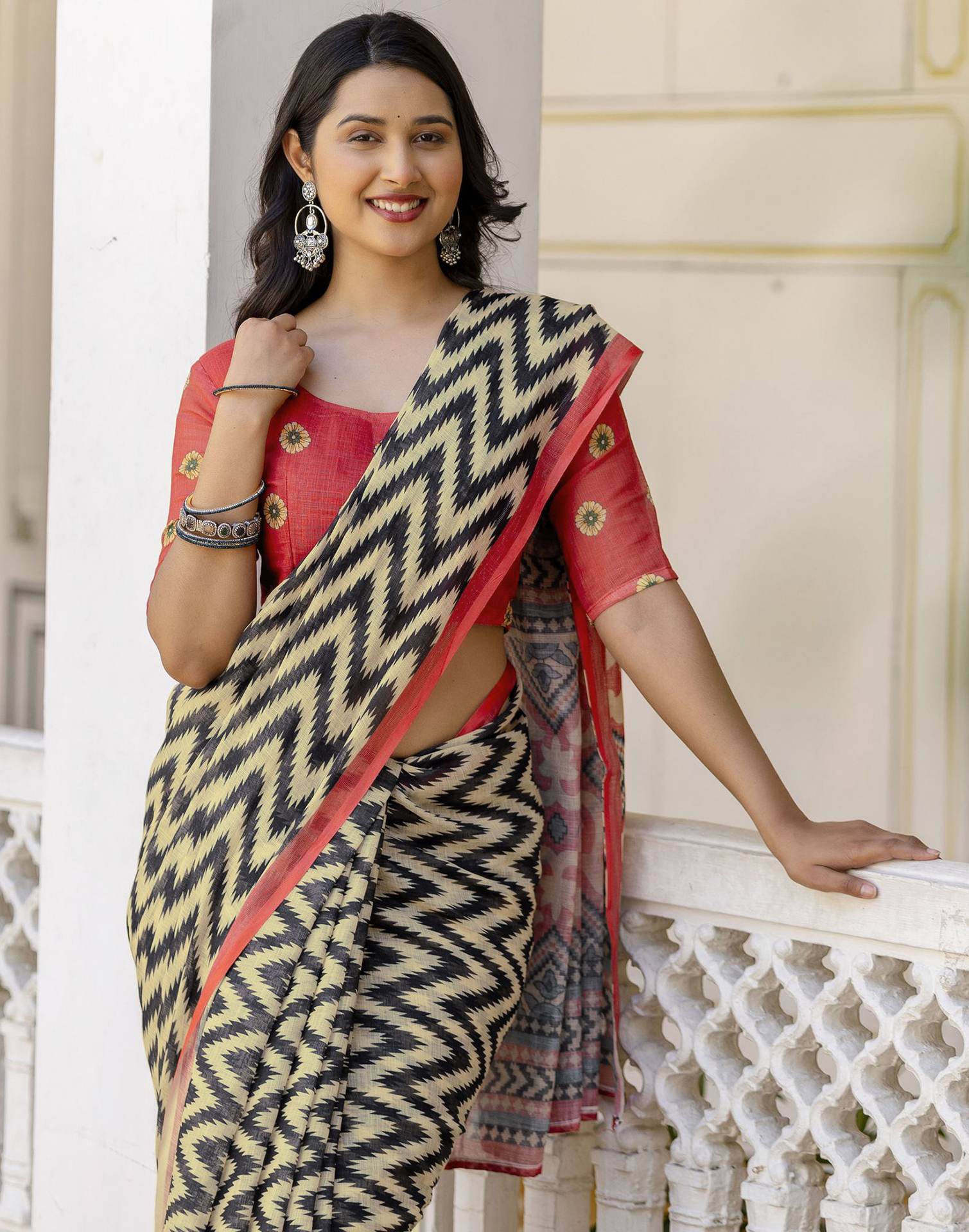 Beige Linen Printed Saree
