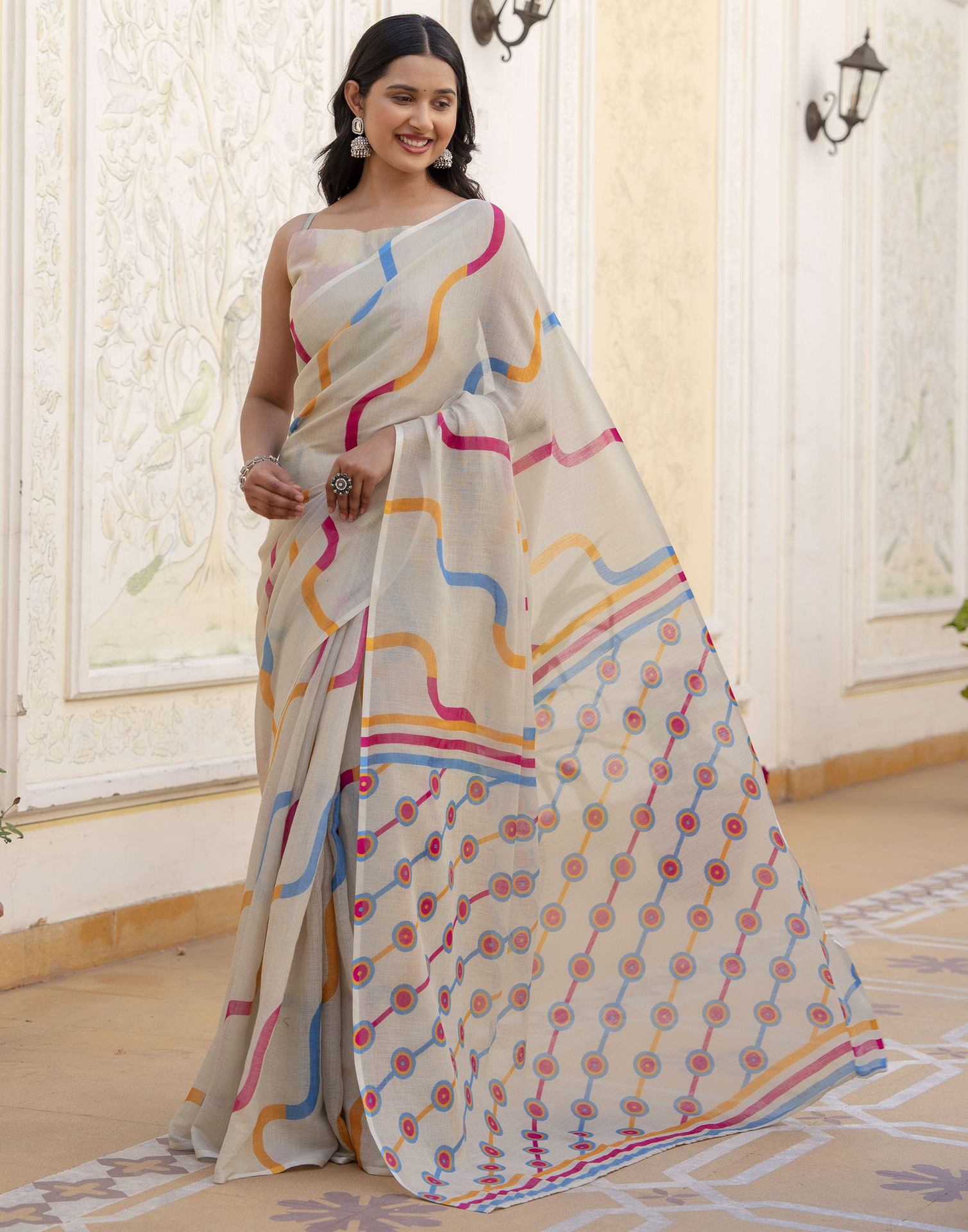 Dusty Pista Green Linen Printed Saree