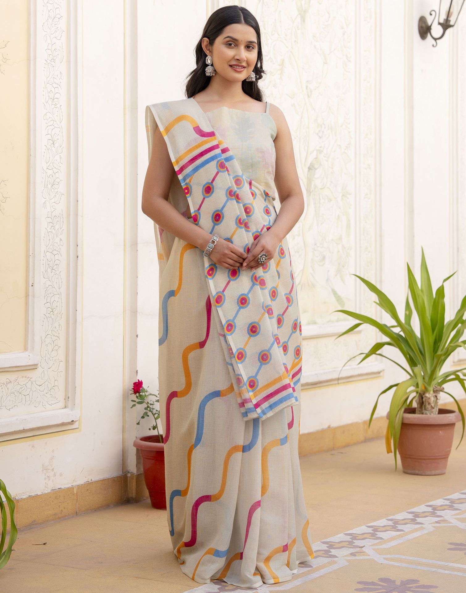 Dusty Pista Green Linen Printed Saree