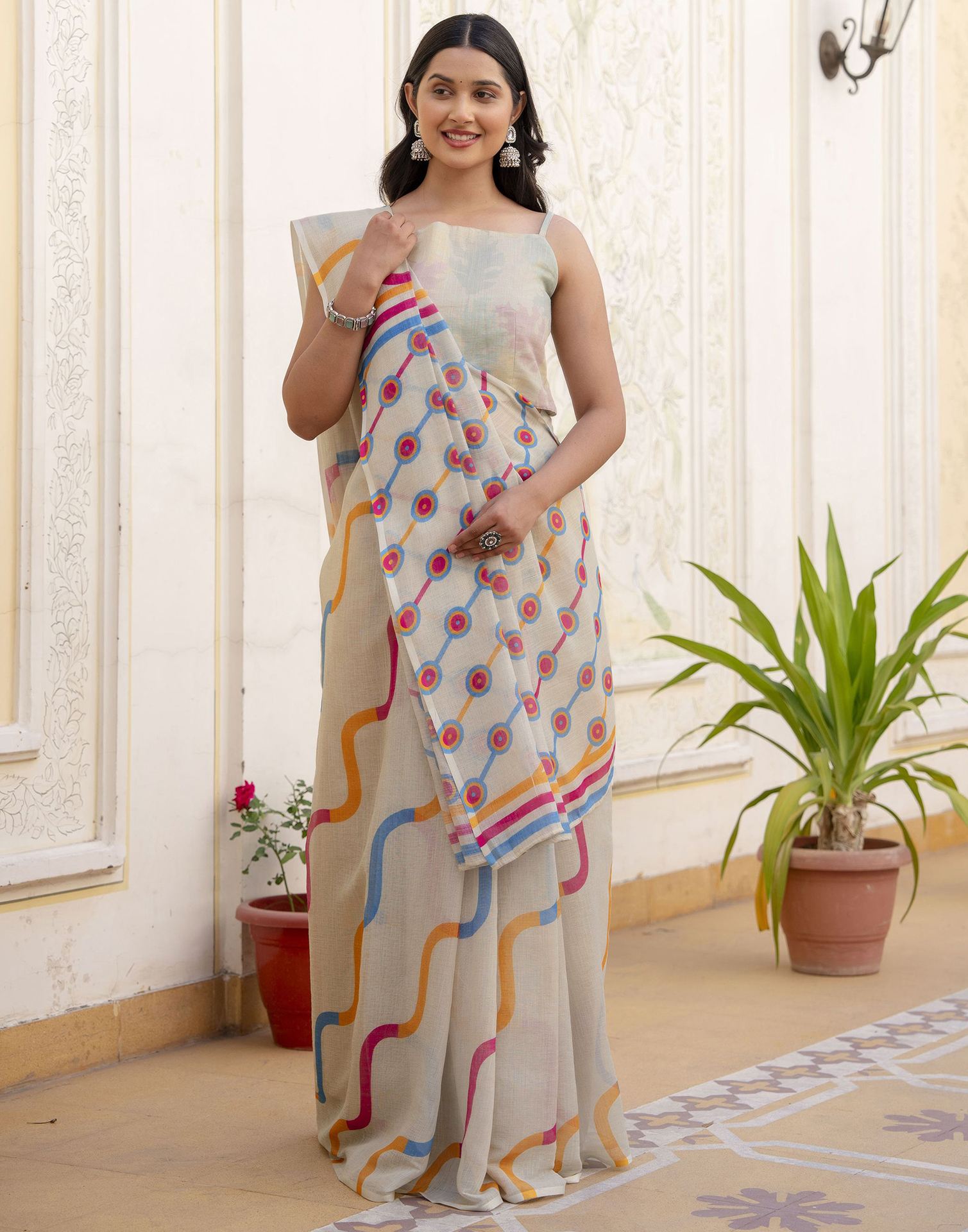 Dusty Pista Green Linen Printed Saree