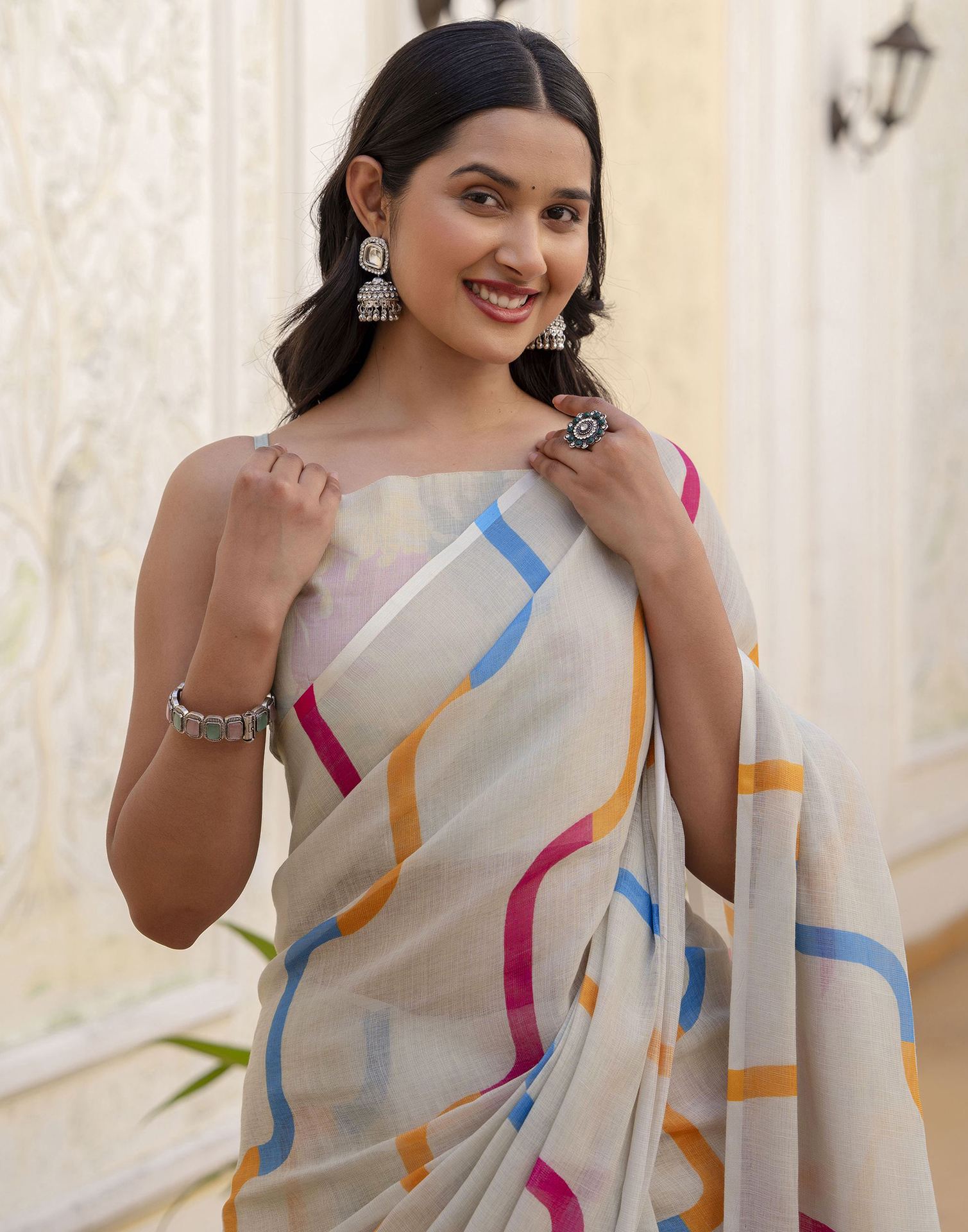 Dusty Pista Green Linen Printed Saree