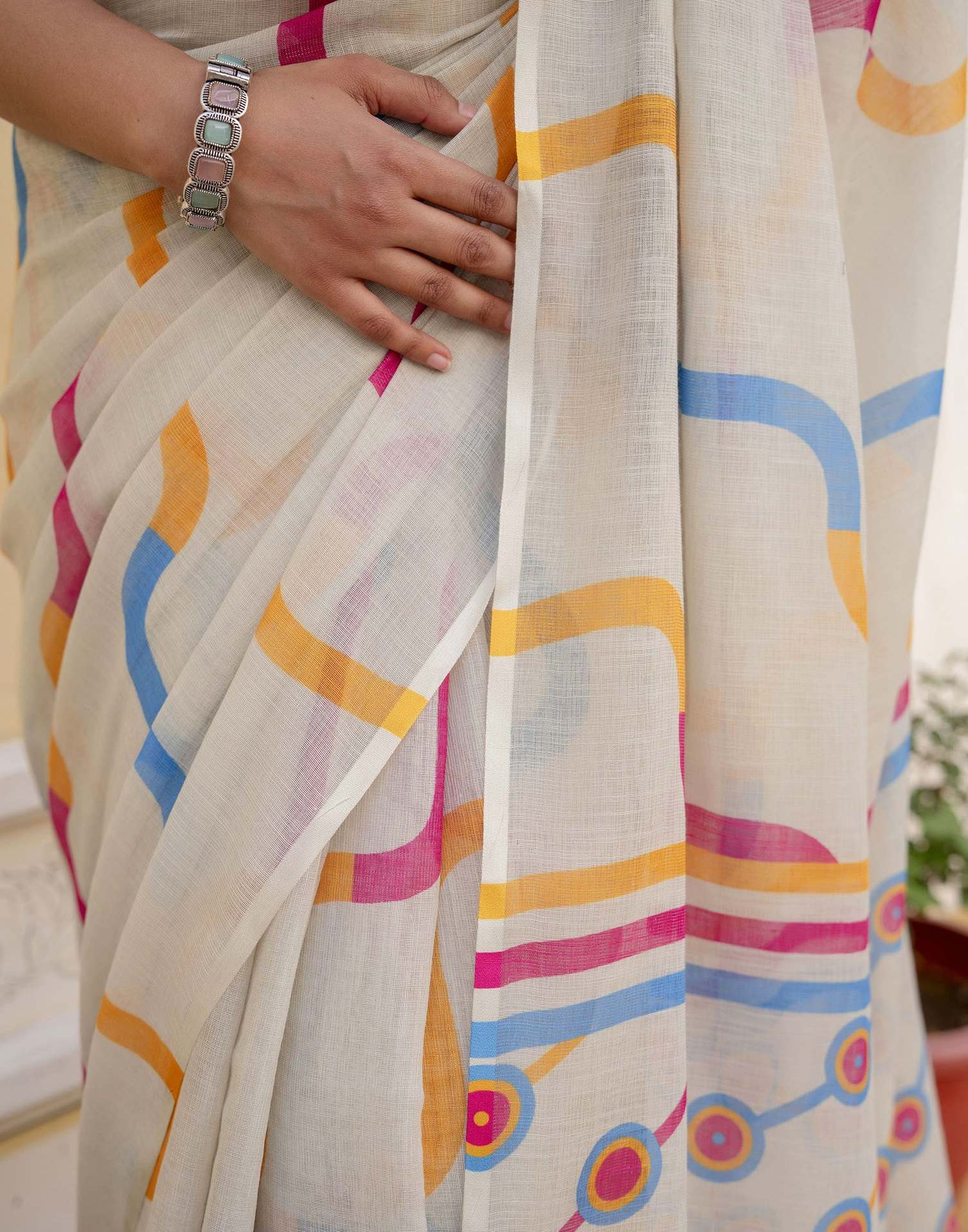 Dusty Pista Green Linen Printed Saree